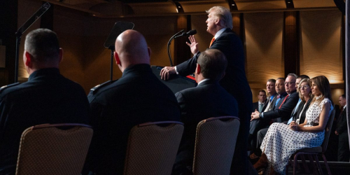 President Trump giving a speech to a crowd